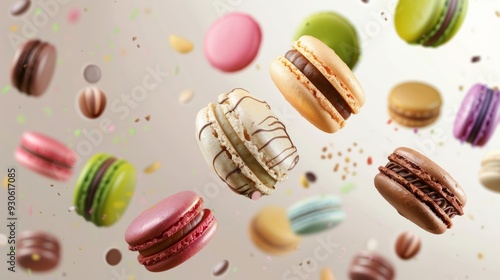 Wallpaper Mural Various colorful of macarons floating on the air, Desserts sweet cake concept Torontodigital.ca