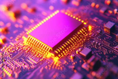 Close up of a purple microchip on a circuit board illuminated by pink and orange lights symbolizing the fusion of technology and vibrant design elements