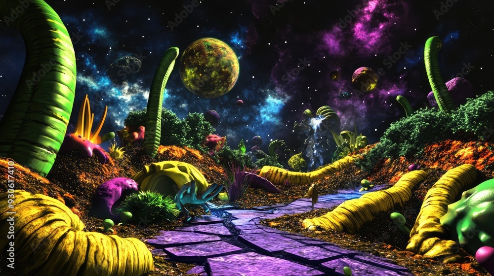 Whimsical 3D render of kids exploring a vibrant alien planet Whimsical 3D render of kids exploring a vibrant alien planet