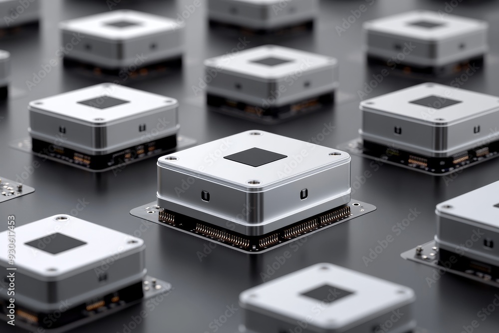 Macro shot of small square electronic components arranged in a grid pattern illuminated by soft light symbolizing the order and precision in modern technology Macro shot of small square electronic components arranged in a grid pattern illuminated by soft light symbolizing the order and precision in modern technology