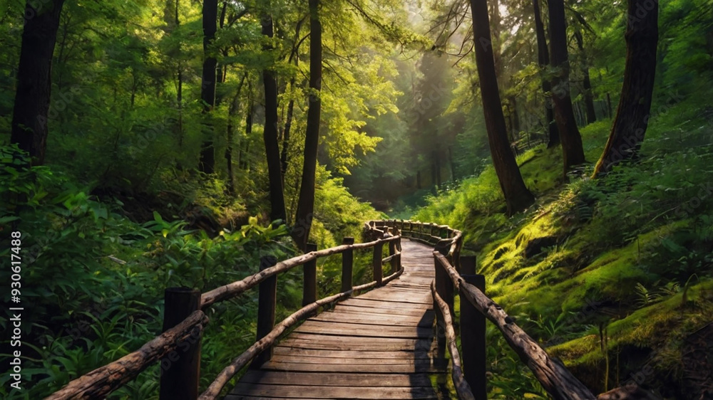 Fototapeta premium Panorama of the river and mountains in the background at sunrise.