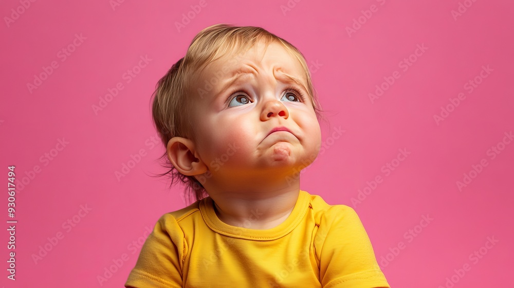 Unhappy toddler displaying frustration isolated on pink background, showing negative emotions Unhappy toddler displaying frustration isolated on pink background, showing negative emotions
