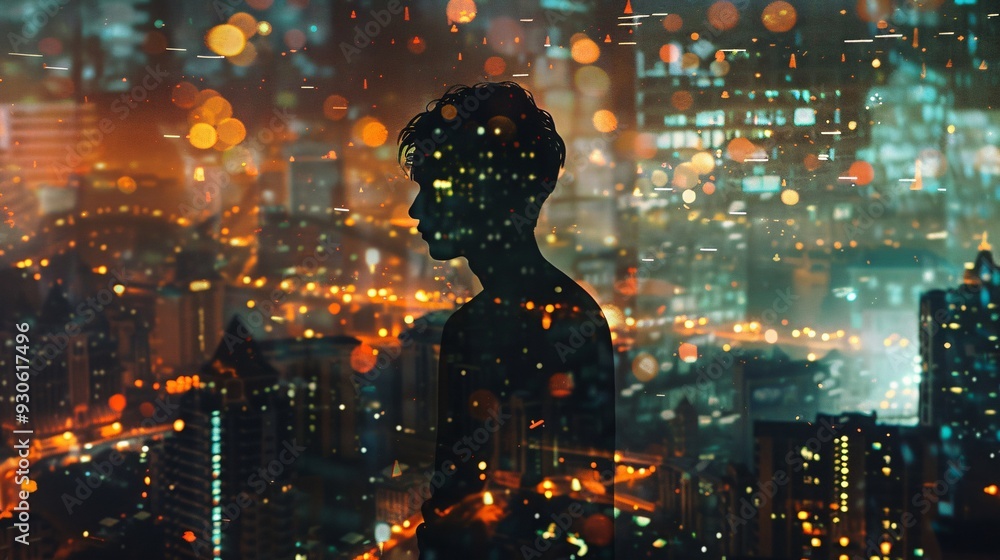 Silhouette of a Person Against a City Lights Background Silhouette of a Person Against a City Lights Background