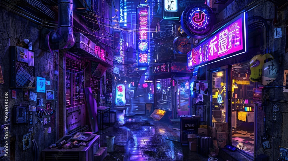 Cyberpunk Alleyway with Neon Signs Cyberpunk Alleyway with Neon Signs