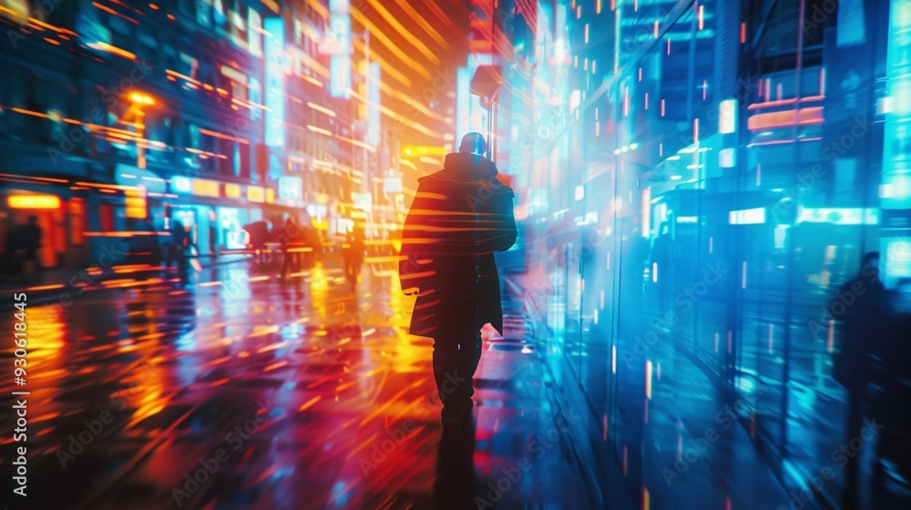 Silhouette of a Man Walking Through a City at Night with Neon Lights Silhouette of a Man Walking Through a City at Night with Neon Lights