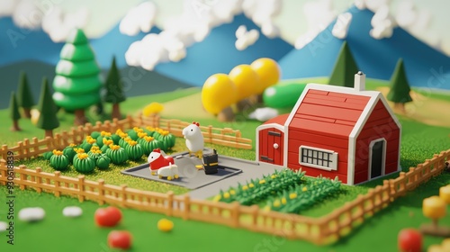 Whimsical 3D render of a fantasy farm with talking animals and oversized vegetables