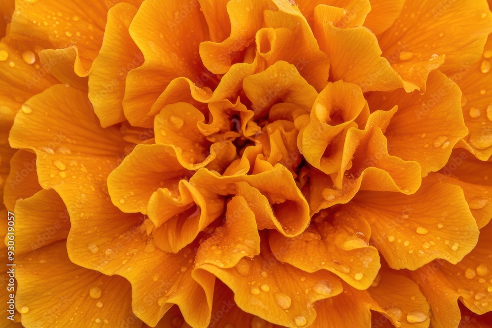Vibrant orange marigold flower with water droplets close-up Vibrant orange marigold flower with water droplets close-up