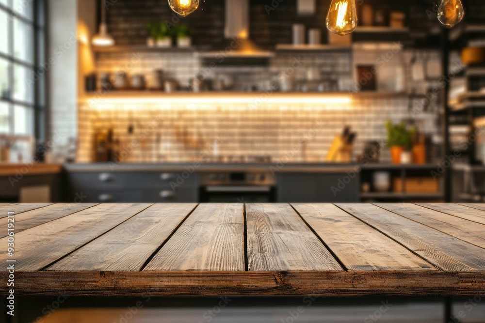 Modern kitchen interior with wooden tabletop blurred background Modern kitchen interior with wooden tabletop blurred background