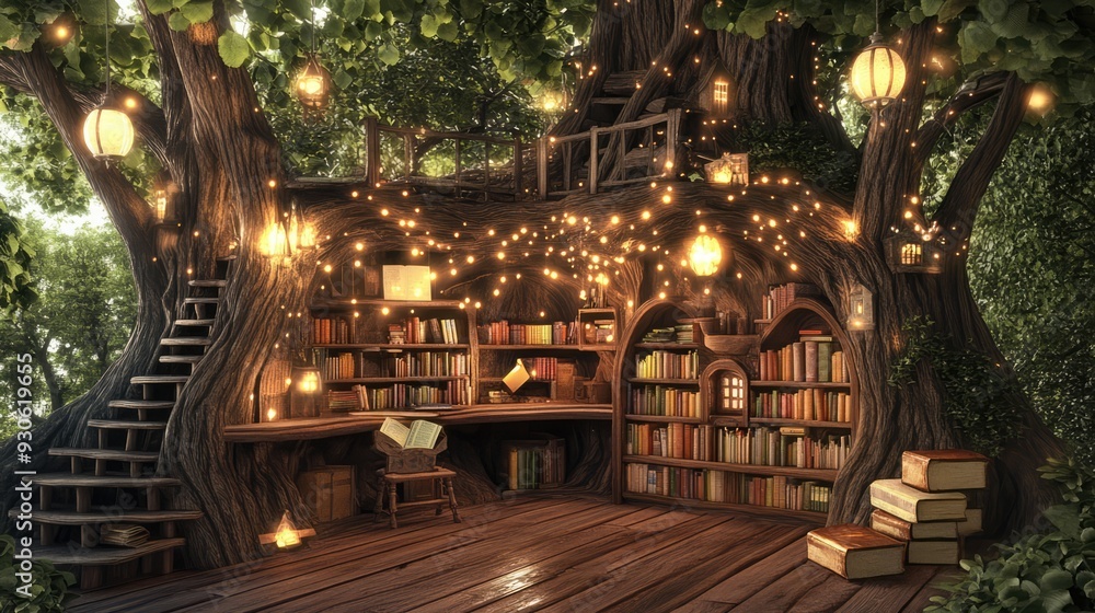 Whimsical 3D render of a magical treehouse filled with enchanted items Whimsical 3D render of a magical treehouse filled with enchanted items