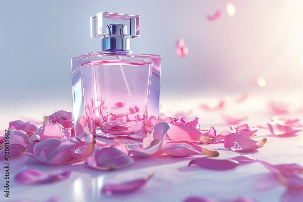 Elegant Luxury Perfume Bottle Displayed with Rose Petals Close-Up. Elegant Luxury Perfume Bottle Displayed with Rose Petals Close-Up.