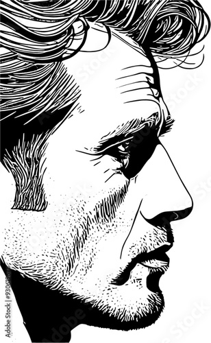 Lateral profile of a man looking forwards. Black lines against a transparent background.