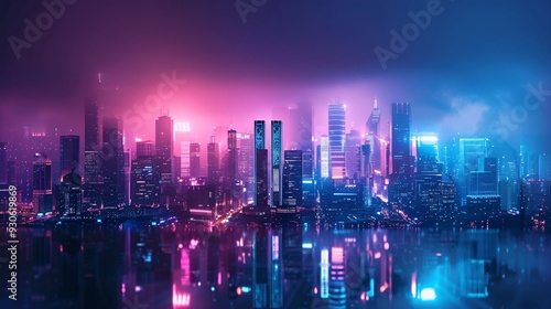 Wallpaper Mural Neon Cityscape at Night with Reflections Torontodigital.ca