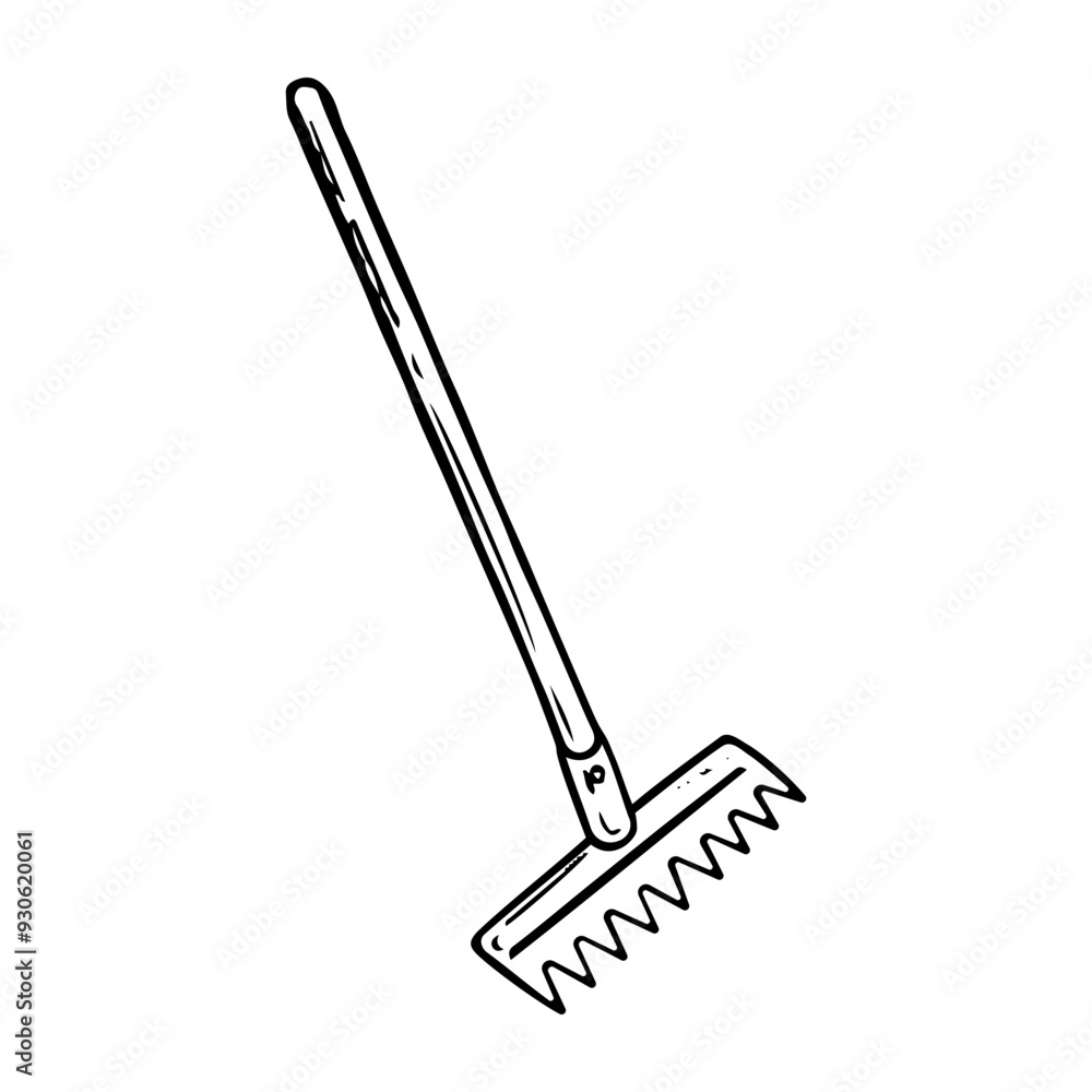 Garden rake hand drawn in doodle style. Hobby gardening. Working tool for construction and cleaning with a long handle. Vector line art illustration. Garden rake hand drawn in doodle style. Hobby gardening. Working tool for construction and cleaning with a long handle. Vector line art illustration.