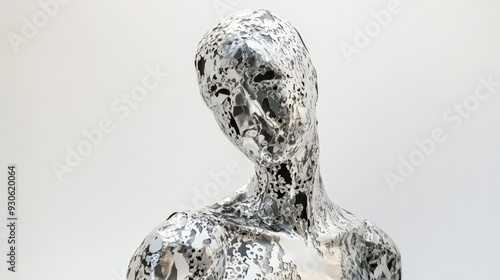 Surreal portrayal of a metallic figure with lace-like patterns, set against a plain white background, photo