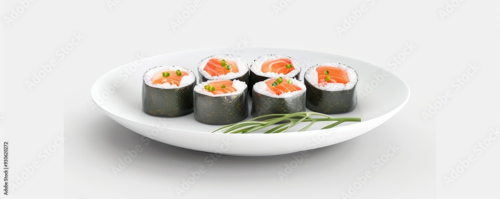 White ceramic dish with sushi on white background, 4K hyperrealistic photo White ceramic dish with sushi on white background, 4K hyperrealistic photo