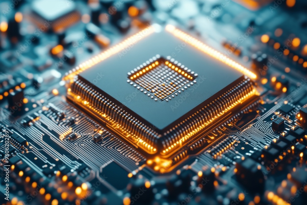 High tech digital processor in a sleek futuristic circuit board environment glowing with warm lights that emphasize the advanced power and efficiency of modern computing technology High tech digital processor in a sleek futuristic circuit board environment glowing with warm lights that emphasize the advanced power and efficiency of modern computing technology