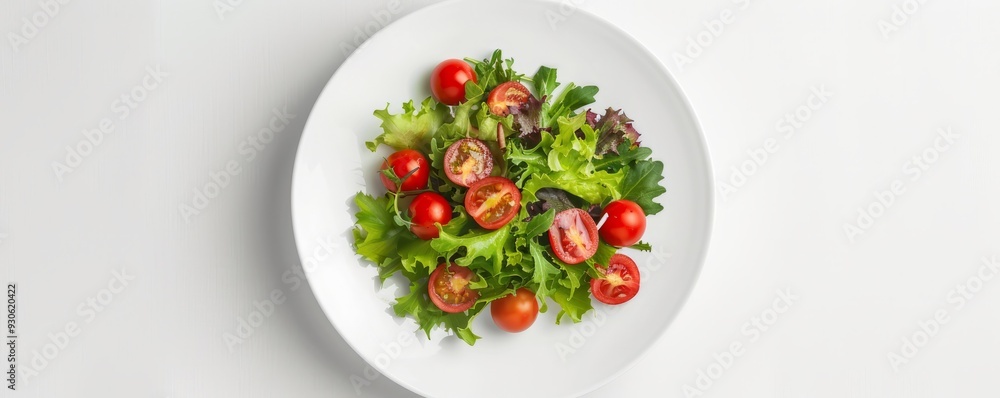 White ceramic plate with salad on white background, 4K hyperrealistic photo White ceramic plate with salad on white background, 4K hyperrealistic photo