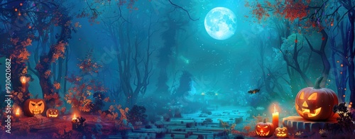 Scary Halloween Background: Jack-O’-Lantern and Pumpkins on Wooden Table with Cloudy Full Moon Sky