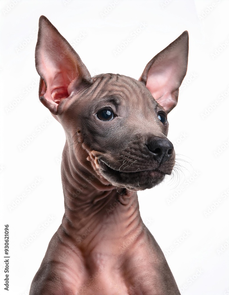 Obraz premium 笑顔のペルービアン・ヘアレス・ドッグの子犬のポートレート（Portrait of a smiling Peruvian Hairless Dog puppy on white background） 