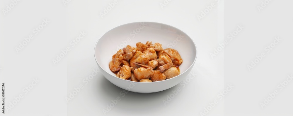 White porcelain dish with chicken on white background, 4K hyperrealistic photo White porcelain dish with chicken on white background, 4K hyperrealistic photo