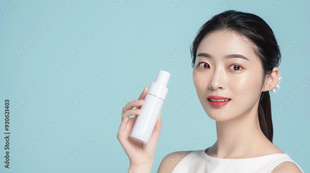 Beautiful Asian Woman Holding a White Bottle with Blue Background Beautiful Asian Woman Holding a White Bottle with Blue Background