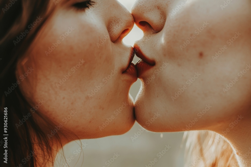 Obraz premium Intimate close-up of tender kiss lovers