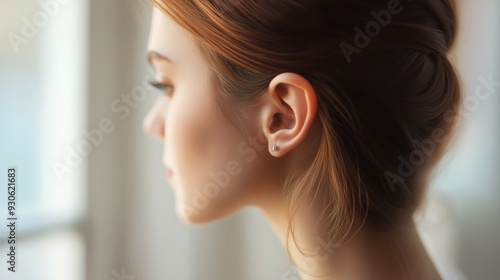 Side profile of an elegant woman wearing a diamond stud earring, with soft lighting that highlights the delicate features and jewelry.