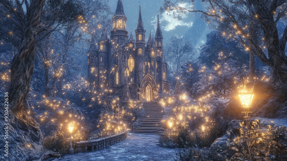 Obraz premium Whimsical 3D render of a fairy tale castle surrounded by magical creatures