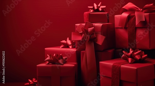 Stacked red gift boxes with matching ribbons and bows, viewed from the side, arranged on a burgundy background. 