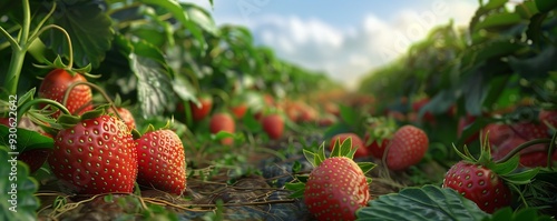Field of ripe strawberries ready for picking, 4K hyperrealistic photo
