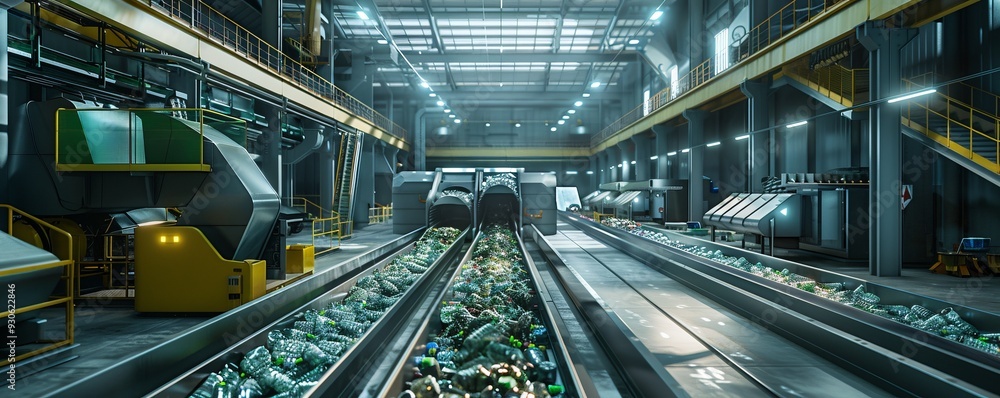 Futuristic recycling plant with automated sorting systems, 4K hyperrealistic photo