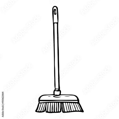 Broom for sweeping the floor hand drawn doodle. Mop with a handle for dry or wet cleaning of dirt from the house. Laundry room. Vector outline line art illustration.