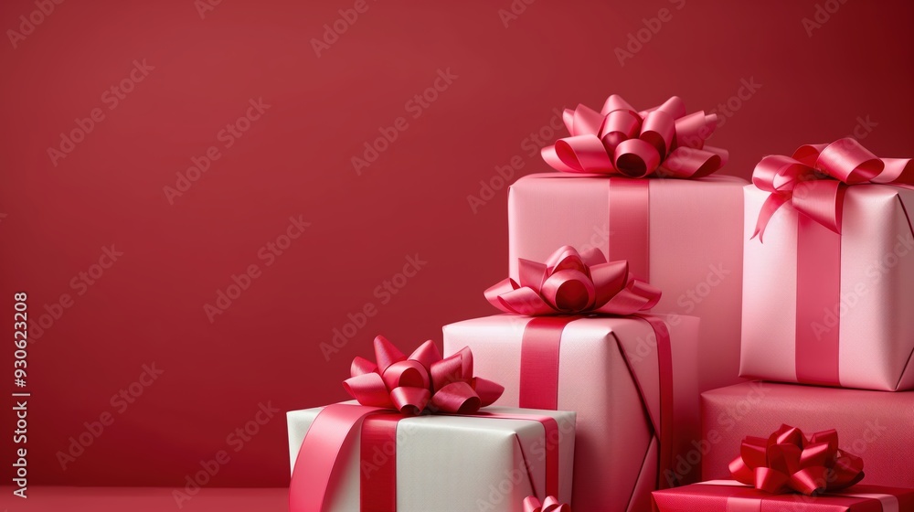 Pink and white gift boxes with matching pink ribbons and bows, stacked and arranged on a red background. Pink and white gift boxes with matching pink ribbons and bows, stacked and arranged on a red background.