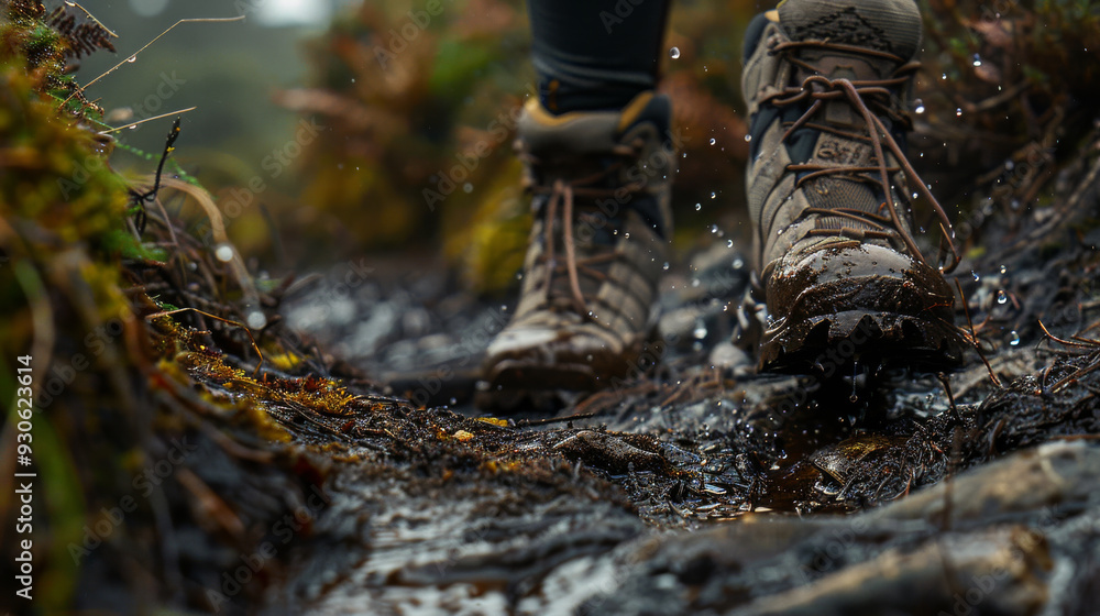 Hiking boots on the trail during a hike. Rainy weather, muddy path. Travel concept. Hiking boots on the trail during a hike. Rainy weather, muddy path. Travel concept.