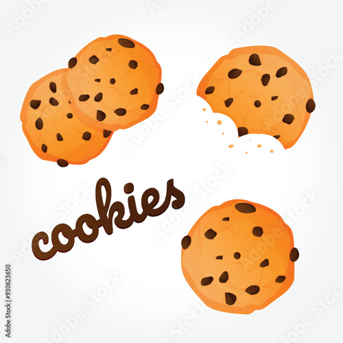 Vector realistic cartoon american cookies with chocolate chips. Bitten and broken american cookies of different size with crumbles. Cookies set. Vector illustration EPS 10