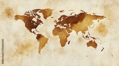 Fototapeta Naklejka Na Ścianę i Meble -  Drawing of a world map inside a coffee stain, set against a white background. 
