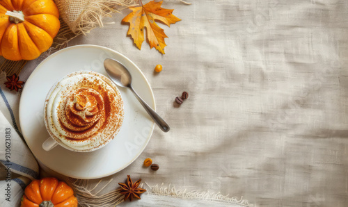 Fototapeta Naklejka Na Ścianę i Meble -  Fall homemade pumpkin cake, cup of coffee, dry leaves on rustic linen textile background with copy space. Classic Thanksgiving pastry tart. Top view, flat lay. Autumn concept for banner, poster, flyer