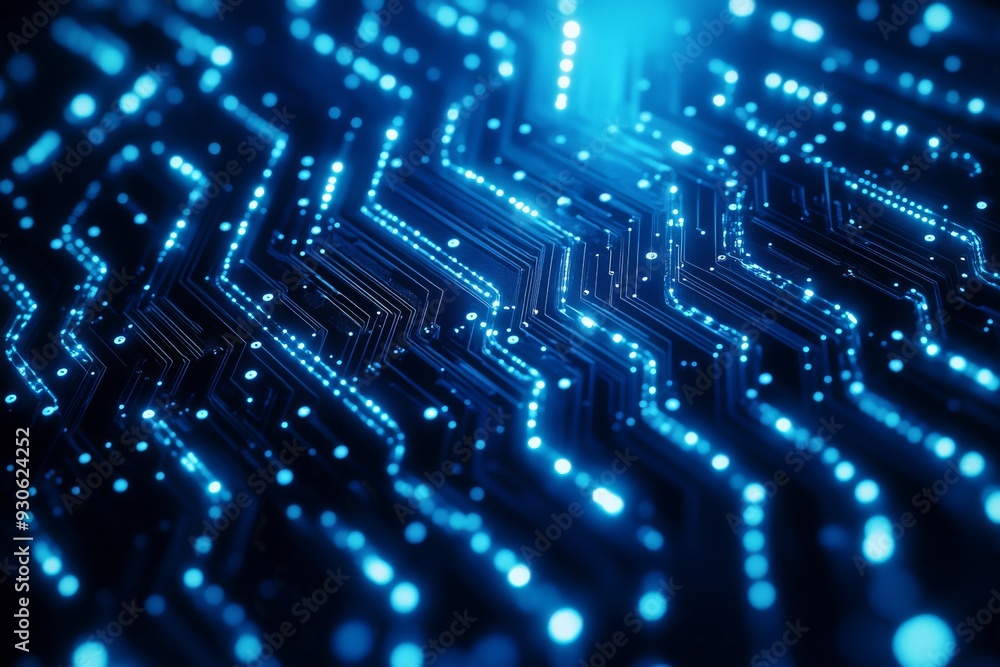 Abstract circuit board with glowing blue lights illustrating the intricate connectivity and advanced digital networks powering modern technology in a high tech environment Abstract circuit board with glowing blue lights illustrating the intricate connectivity and advanced digital networks powering modern technology in a high tech environment