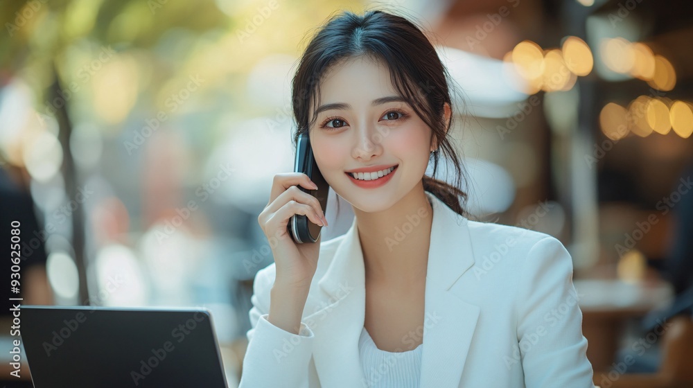 Smiling Young Professional Woman Working on Laptop While Talking on Phone at an Outdoor Cafe. Modern Business Scene Capturing Flexibility, Connectivity, and Work-Life Balance Smiling Young Professional Woman Working on Laptop While Talking on Phone at an Outdoor Cafe. Modern Business Scene Capturing Flexibility, Connectivity, and Work-Life Balance