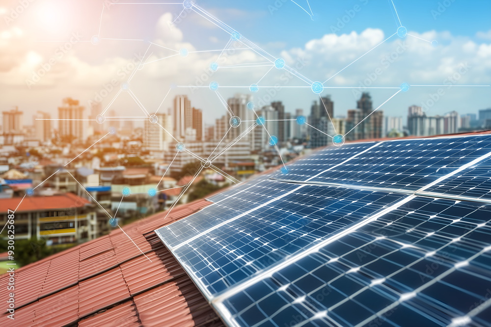 Generic smart home with solar panels rooftop system for renewable energy concepts banner Generic smart home with solar panels rooftop system for renewable energy concepts banner