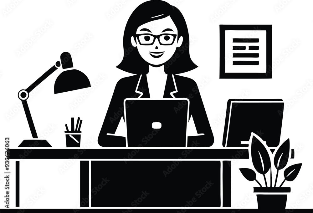 A woman working in office illustration black and white A woman working in office illustration black and white