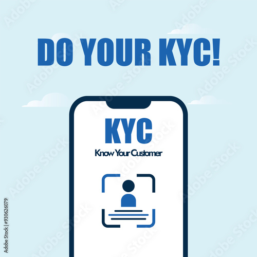 KYC awareness banner. Do your KYC banner with mobile screen profile and identification icon on it to ensure the data security. Know your customer for client safety.