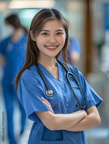 Confident Young Nurse in Blue Scrubs with a Stethoscope in a Hospital Setting. Professional and Compassionate Healthcare Worker Ready to Provide Care