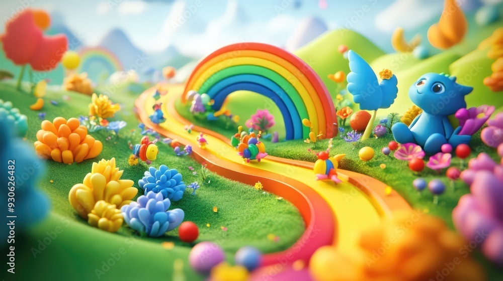 Whimsical 3D render of kids traveling across a vibrant rainbow Whimsical 3D render of kids traveling across a vibrant rainbow