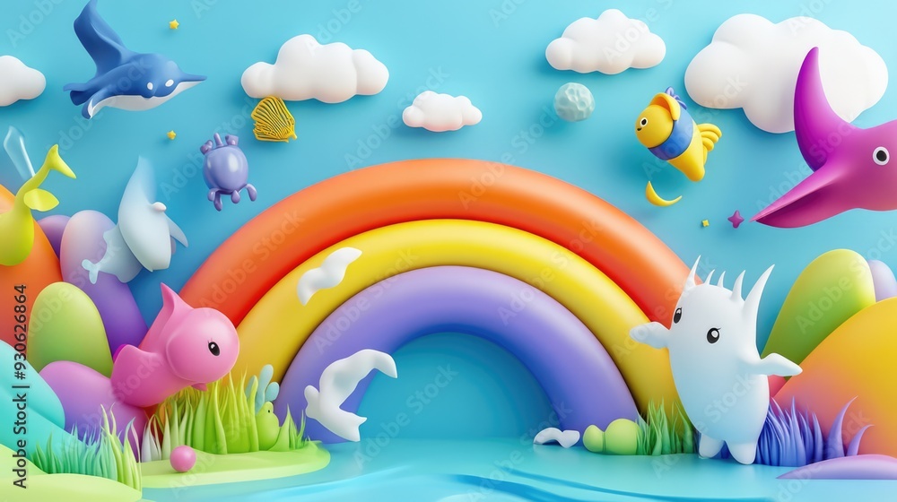 Whimsical 3D render of kids traveling across a vibrant rainbow Whimsical 3D render of kids traveling across a vibrant rainbow