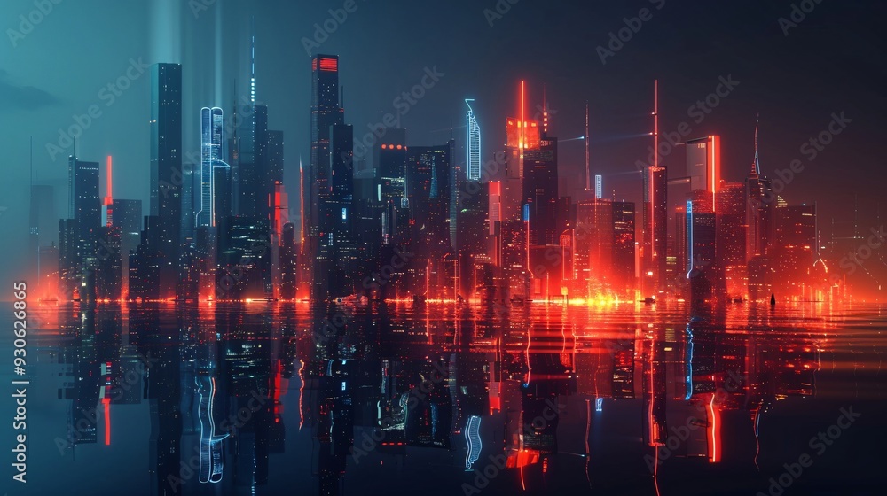 Futuristic City Skyline with Neon Lights Reflection Futuristic City Skyline with Neon Lights Reflection