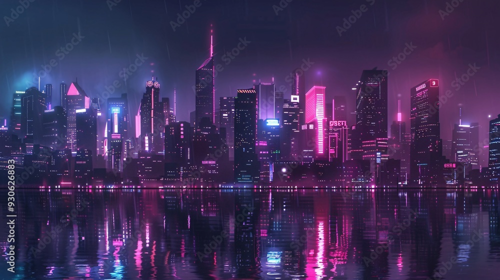 Obraz premium Neon Cityscape with Rain Reflections