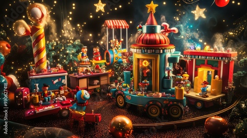 Whimsical 3D render of a magical toy workshop with animated toys