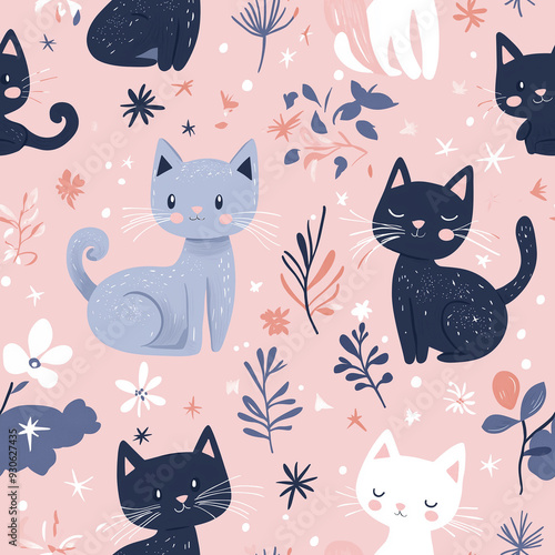 Adorable seamless pattern featuring playful cats on a soft pink background with floral elements. Perfect for a cozy and cute design, ideal for children’s products or feminine decor.