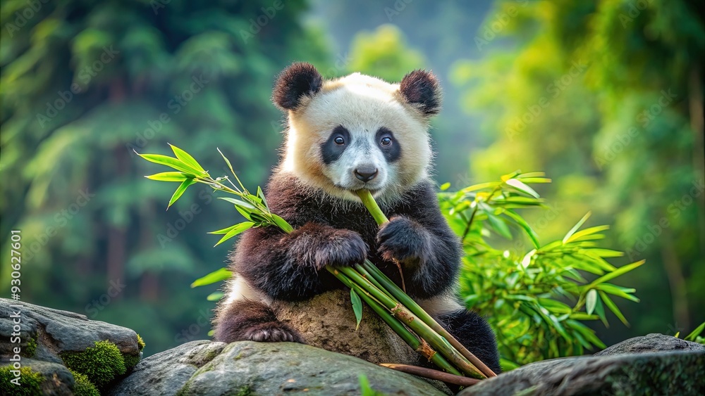 Fototapeta premium Adorable giant panda cub clutches a stalk of bamboo in its paws, sitting on a rocky outcrop amidst lush greenery in a serene natural habitat.